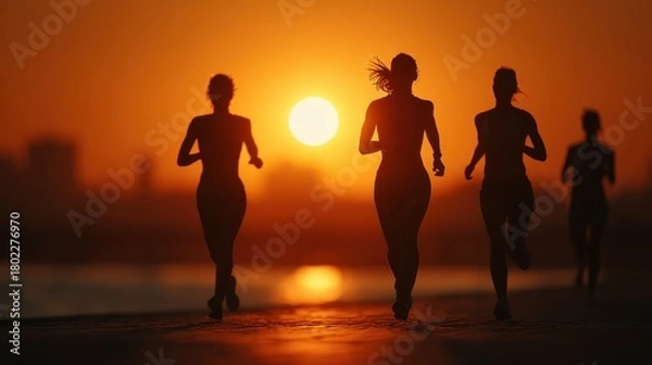 Obraz Silhouette of several women running at dusk, against the light of setting sun, exercising outdoors during evening in the warm light