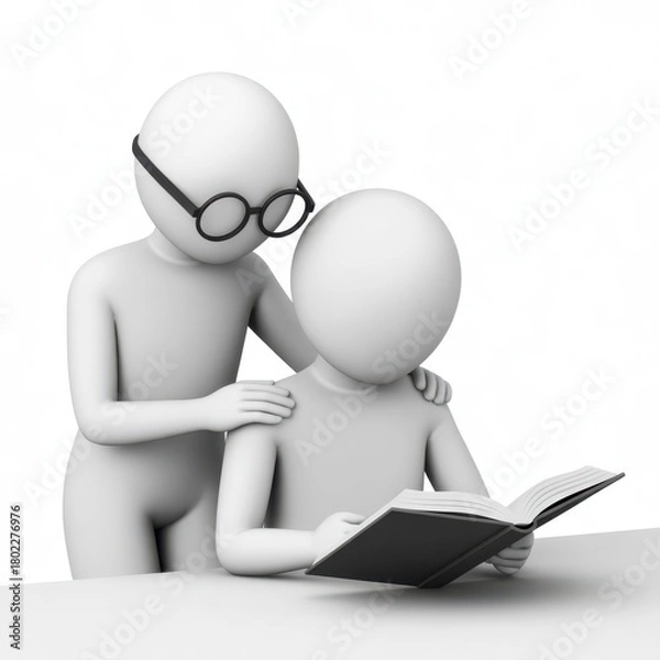 Fototapeta Gentle guidance two 3d figures reading a book together with mentorship and education theme
