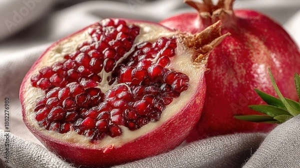 Obraz Close-up of ruby red Pomegranate fruit, one cut in half revealing the juicy arils, resting on a textured grey linen cloth