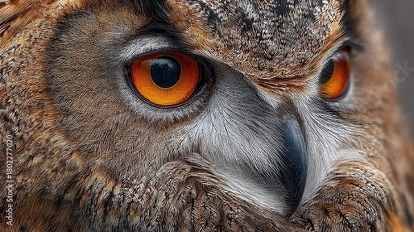 Obraz Close up of a Eurasian eagle-owl features striking orange eyes and detailed feather patterns, showcasing its intensity and wild beauty