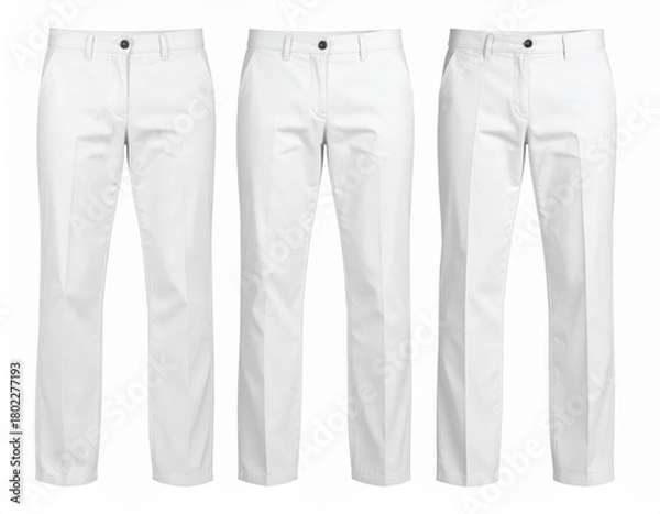 Fototapeta Three Pairs of Classic White Cotton Trousers on a White Background