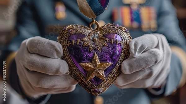 Obraz Person in uniform holds ornate antique heart pendant with white gloved hands