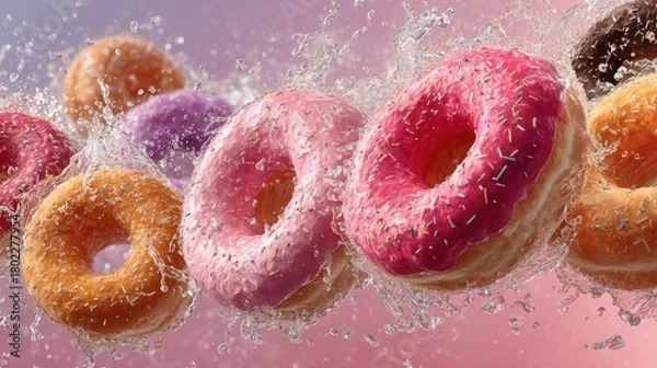 Fototapeta Colorful donuts with water splashes in the air create a vibrant and tempting scene for delicious desserts