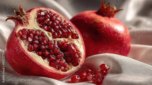 Obraz Close-up of ruby red Pomegranate fruit, one cut in half revealing the juicy arils, resting on a textured grey linen cloth