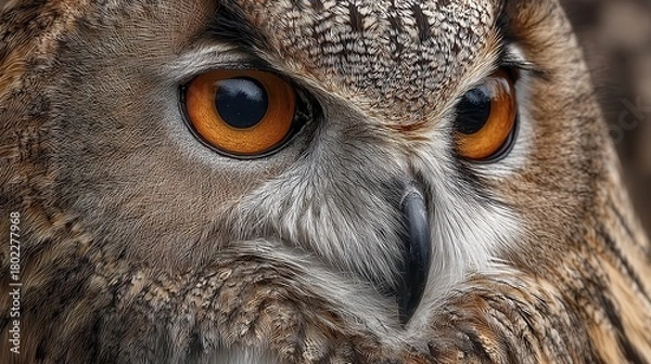 Obraz Close up of a Eurasian eagle-owl features striking orange eyes and detailed feather patterns, showcasing its intensity and wild beauty