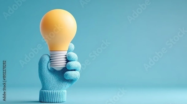 Obraz Small knitted character holding a glowing light bulb above a human hand offering support and encouragement