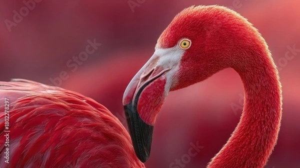 Obraz Close-up portrait of a brightly colored American flamingo against black background, showcasing feather details and unique beak shape