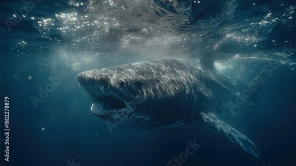 Obraz Basking Shark Opens its Mouth While Swimming Underwater Near the Surface