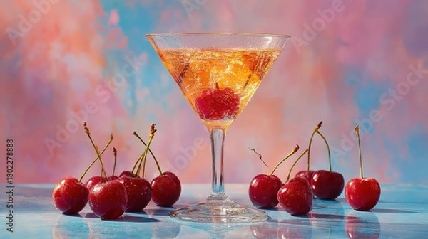 Fototapeta Martini glass with cherry against vibrant background and cherries on table