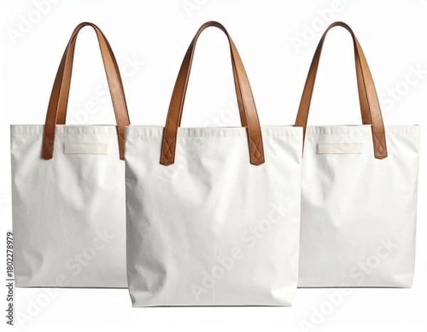 Fototapeta Three Blank White Canvas Tote Bags with Tan Leather Handles on a White Background