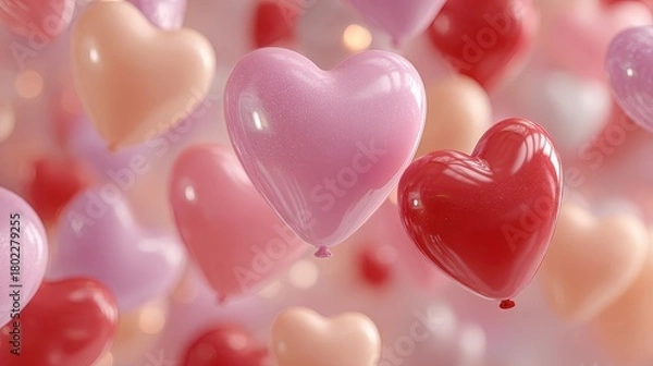 Obraz Many pastel heart balloons float in the air representing a feeling of love and celebration on a light, blurred background