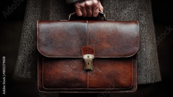 Obraz Man in grey suit carrying a vintage brown leather briefcase, symbolizing business and finance