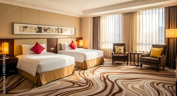 Fototapeta Upscale Hotel Room with Twin Beds and Modern Abstract Carpet Design
