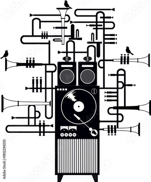 Fototapeta Funny old record player. 
Original old style jukebox with singing birds