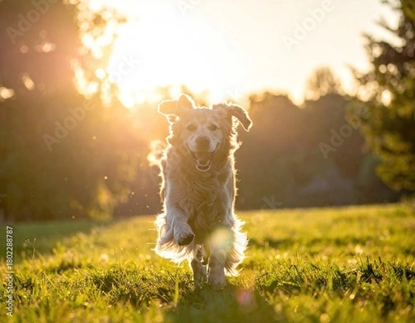 Fototapeta Golden Retriever Running Towards Camera at Sunset