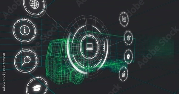 Obraz Displaying green wireframe truck hovering in virtual 3D workspace, showing holographic laptop icon