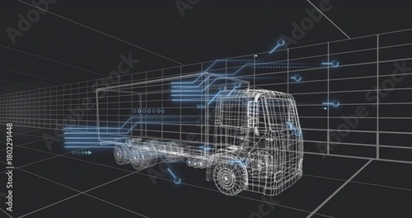 Obraz Displaying wireframe truck with wheels, axles rotating inside 3D model grid, neonblue streams