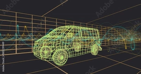 Obraz Rendering neon-green wireframe van in 3D model space, showing orange grid floor, cyan or yellow wave