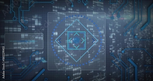 Fototapeta Showing central holographic reticle rotating on HUD, with circuit traces and progress ring
