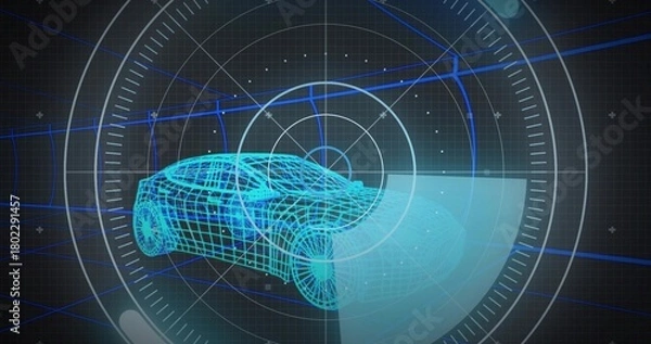 Obraz Displaying cyan-blue 3D wireframe car model rotating in virtual HUD, with scanning cone overlay