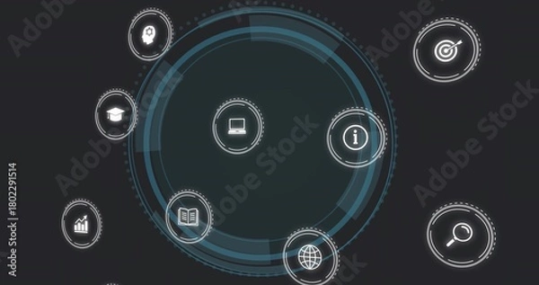 Obraz Displaying concentric HUD glowing in dark digital interface, with laptop, magnifying glass, globe