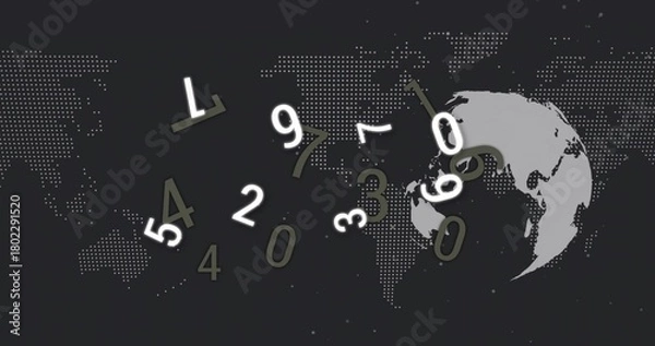Fototapeta Displaying floating numeric digits rotating across digital background, with globe silhouette
