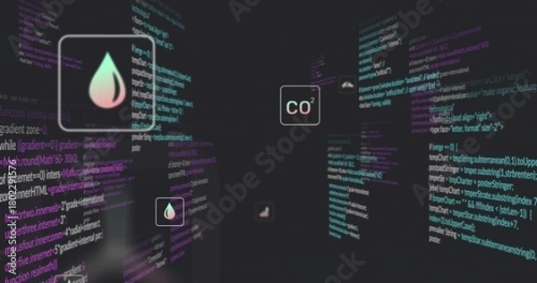 Fototapeta Floating cluster showing code panels and UI cards in virtual space, featuring droplet CO2 card
