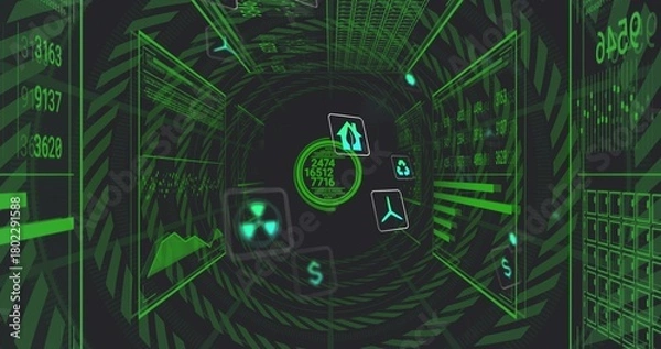 Obraz Rotating central HUD pulsing numeric readouts in virtual data tunnel, with floating icons orbiting