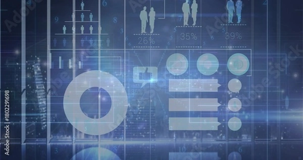 Fototapeta Displaying blue HUD showing donut chart, nodes and bars over blurred night skyline, percent labels