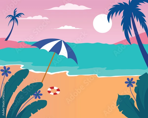 Fototapeta Summer background template. Tropical beach background with palm trees and sun. Summer sale background for poster, banner, flyer, invitatio design with tropical beach. 