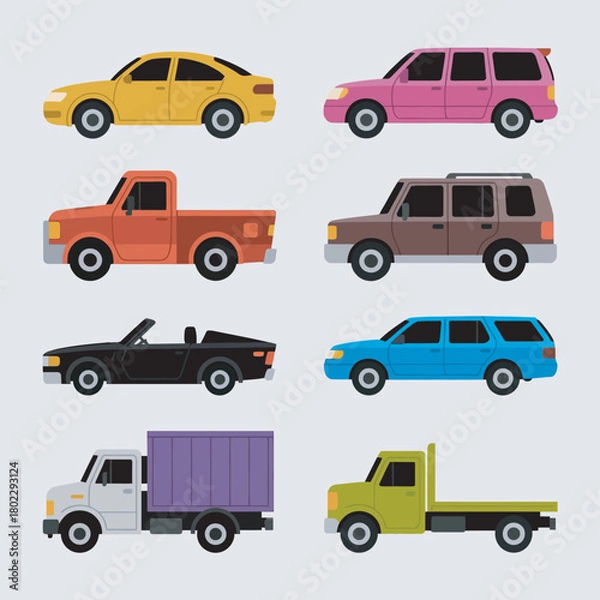 Fototapeta Set of vector transportation icons featuring cars, trucks, vans, buses, and other vehicle symbols