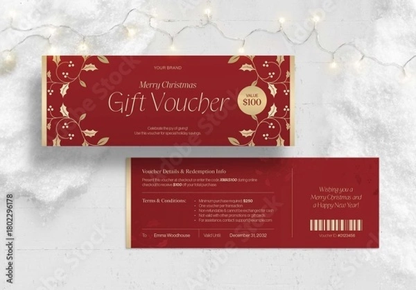 Obraz Christmas Gift Certificate, Voucher & Coupon Template for Festive Holiday Marketing with Red Background