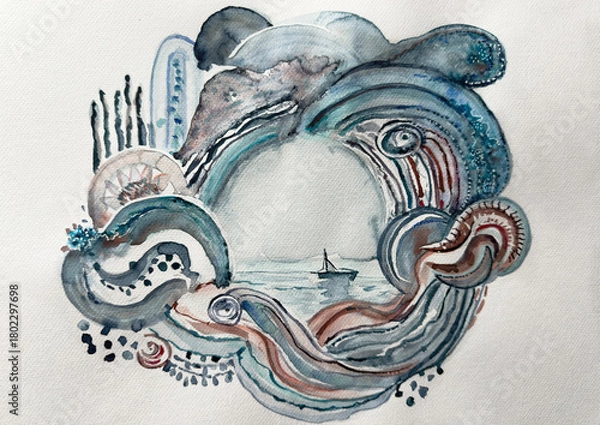 Obraz Abstract Ocean Mandala with Boat - Hand-painted Watercolor