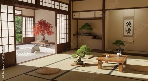 Fototapeta Serene Japanese Zen Garden Interior with Bonsai Trees and Tea Ceremony Set