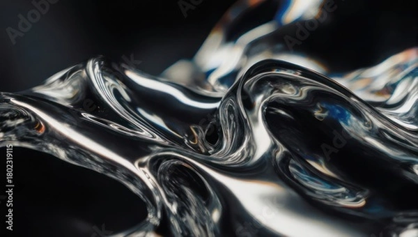 Fototapeta Abstract dark liquid metal with flowing waves and reflections.