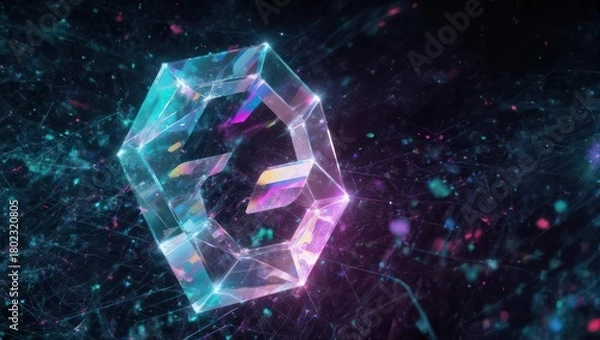 Fototapeta Abstract Geometric Crystal Floating in Cosmic Nebula.