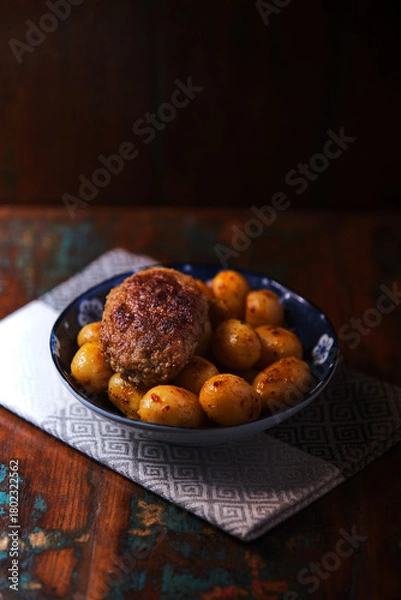Fototapeta Fried meatballs with potatoes on a rustic background. Selective and soft focus.	