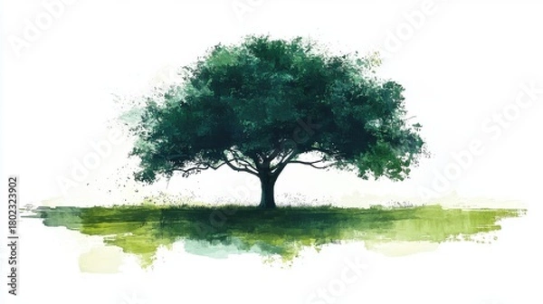 Fototapeta Green tree with textured paint strokes on white artistic background