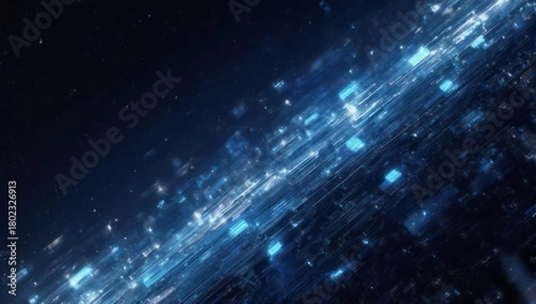 Fototapeta Abstract Blue Light Streaks and Particles Flowing in Darkness.