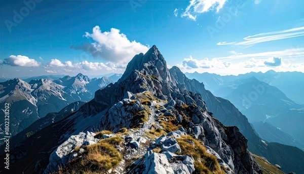 Fototapeta A dramatic mountain landscape featuring a rocky ridge with a hiking path winding towards a sharp, jagged peak, set against a clear blue sky with fluffy white cl