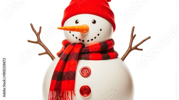 Obraz Cheerful snowman wearing a red hat and plaid scarf