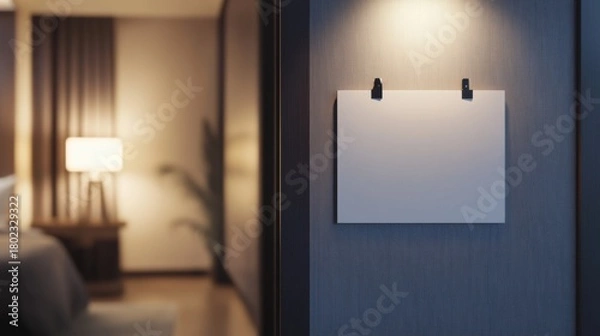 Fototapeta Blank paper mockup hanging on wall in soft ambient hotel room lighting