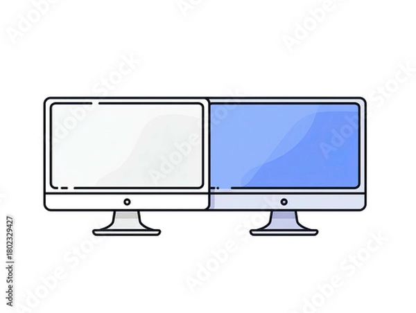 Fototapeta Two cartoon computer monitors side-by-side, one with a blank white screen, the other blue