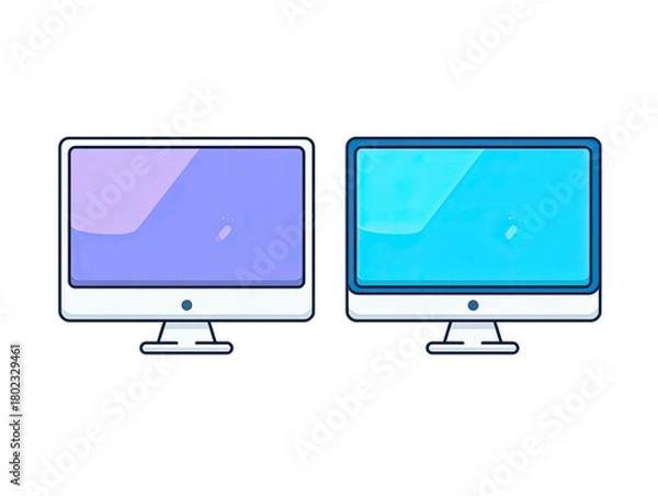 Fototapeta Two computer monitors side-by-side with different screen colors against a black background