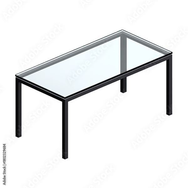 Fototapeta Isometric view of a minimalist rectangular table. Features a clear glass top and dark metal frame
