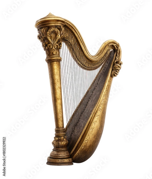 Fototapeta An ornate, golden harp instrument with delicate carvings and strings against a transparent backdrop