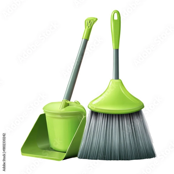 Fototapeta Green and grey cleaning tools, a dustpan with a bucket and a broom, on black background
