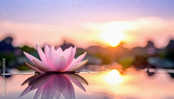 Fototapeta A single pink lotus flower floats gently on calm water, its reflection mirrored below, under a soft pastel sunset sky.