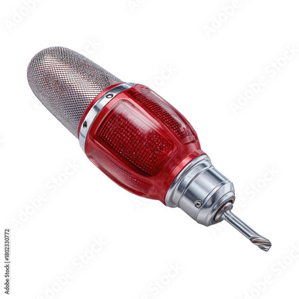 Fototapeta Detailed shot of a power drill, with a red handle and metallic accents on a black background