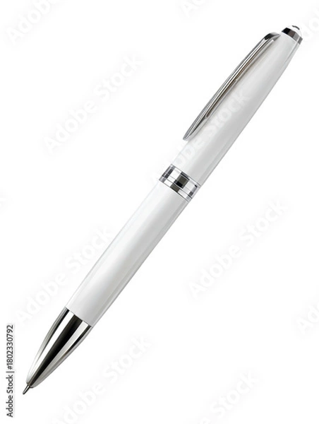 Fototapeta A white, elegant ballpoint pen angled slightly towards the viewer against a black background